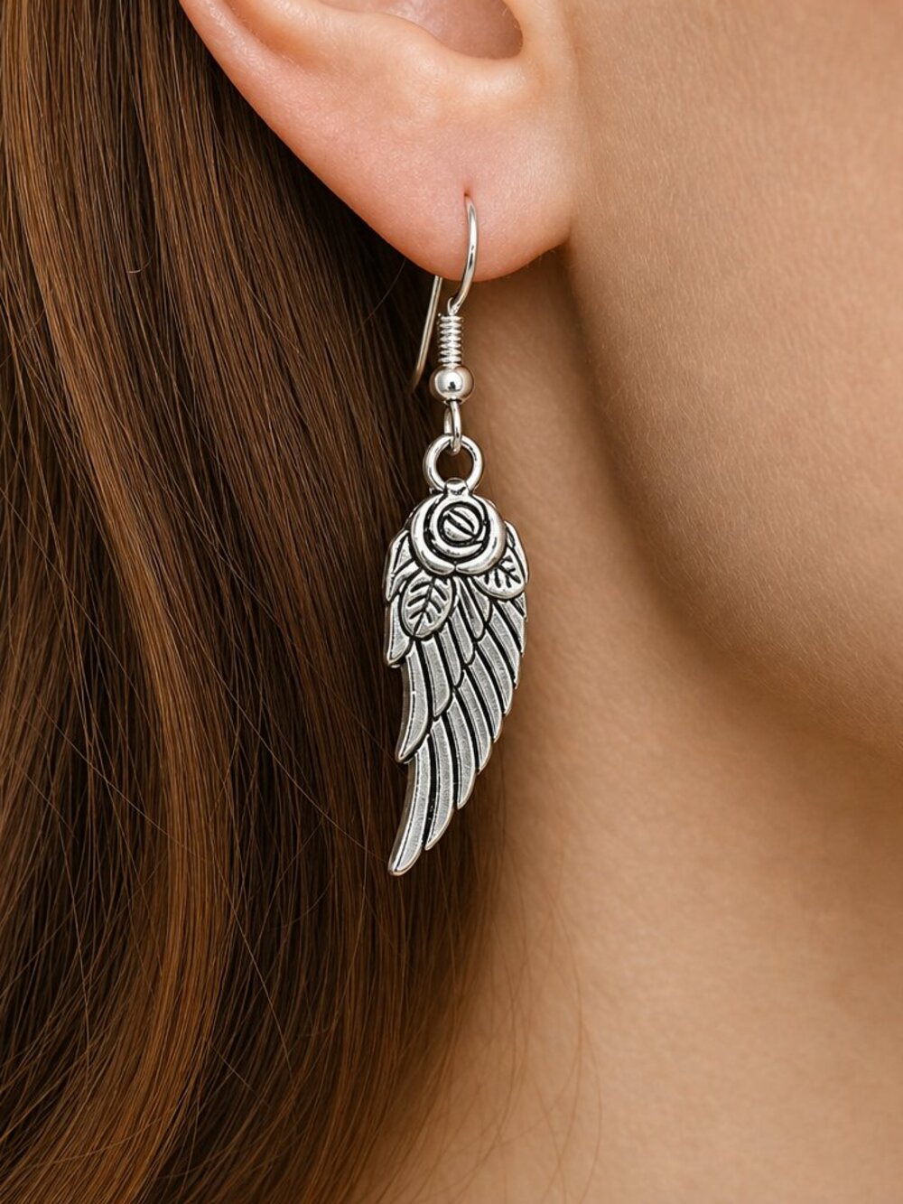 Rose & Angel Wing Dangle Earrings